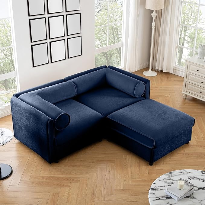 KEIKI 76" Modular Loveseat Chenille Sectional Sofa with Storage Seat and 1 Ottoman, Modern 2-Seater Couch with Cylindrical Backrest and Armrests, Easy Assembly, for Apartment, Living Room, Blue