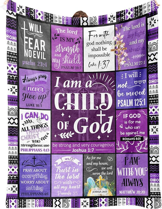 Christian Gifts for Women, Baptism Gifts for Girl, Religious Gift for Women, Christian Gift for Birthday Christmas Mothers Day - I Am A Child of God Purple Blanket（50 * 60in）