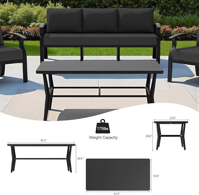 Aluminum Outdoor Patio Furniture Set,5 Seats Patio Conversation Sets with Rectangular Coffee Table,Metal Patio Sectional Furniture Set with 5.1" Thickened Cushions,Black