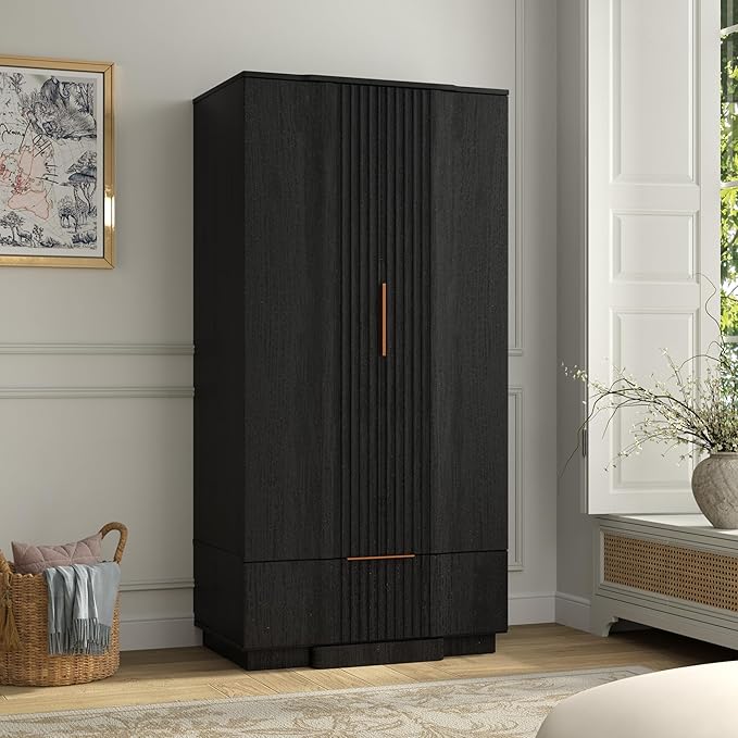 Yechen 67" Fluted Armoire Wardrobe Closet with Doors and Drawer, Wooden Wardrobe Closet Cabinet with Adjustable Shelve, Modern Small Armoires Storage Clothes, Coats for Bedroom, Black