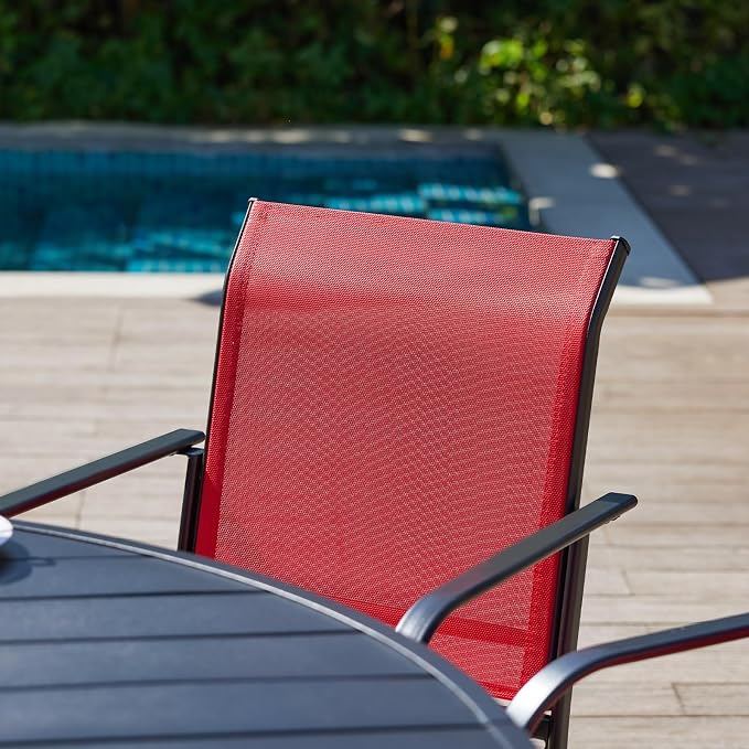 VICLLAX 7 Pieces Patio Dining Set, Patio Furniture Set of 6 Patio Stackable Dining Chairs and Outdoor Metal Table with Umbrella Hole for Backyard Lawn Garden, Red Chairs and Black Table - Image 3