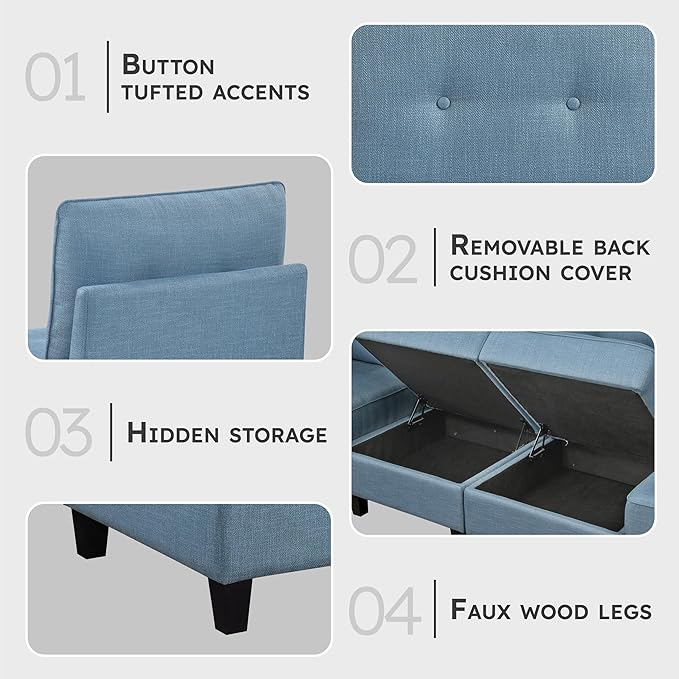 Lexicon L Shape Sectional Couch with Hidden Storage, Textured Fabric Modular Sectional Sofa with Button-Tufted Design, Reversible Back Cushion, 5 Seater Large Sofa, Blue