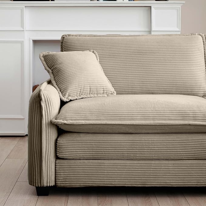 KEIKI 81" Oversized Corduroy Modular Sectional Loveseat Sofa with 2 Ottoman, High-Density Foam Cushions, Removable Armrests, Upholstered 2-Seater Corner Couch with 4 Pillow, for Living Room, Tan