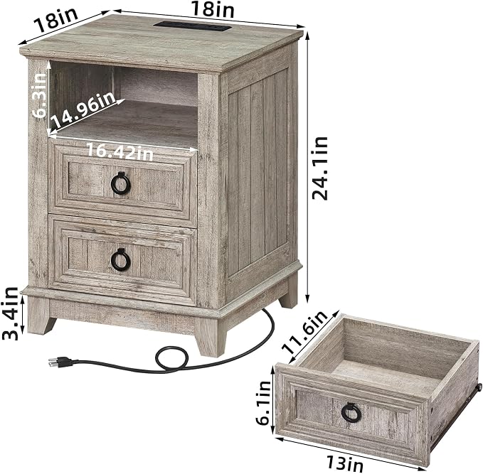 Joaxswe 18" Farmhouse Night Stands Set of 2 with Charging Station, 2 Drawers End Table Dresser for Bedroom, Oak Wooden Nightstand, Bed Side Table with Open Shelf, Bedside Cabinet for Living Room - Image 3