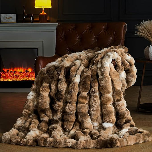 Faux Fur Throw Blanket for Couch, Fluffy Fuzzy Plush Bubble Blanket, Soft Warm Cozy Shaggy Rabbit Blanket, Luxury Decorative Gifts for Sofa Bedroom Living Room, 90x90inch (Tie-Dye-Brown)
