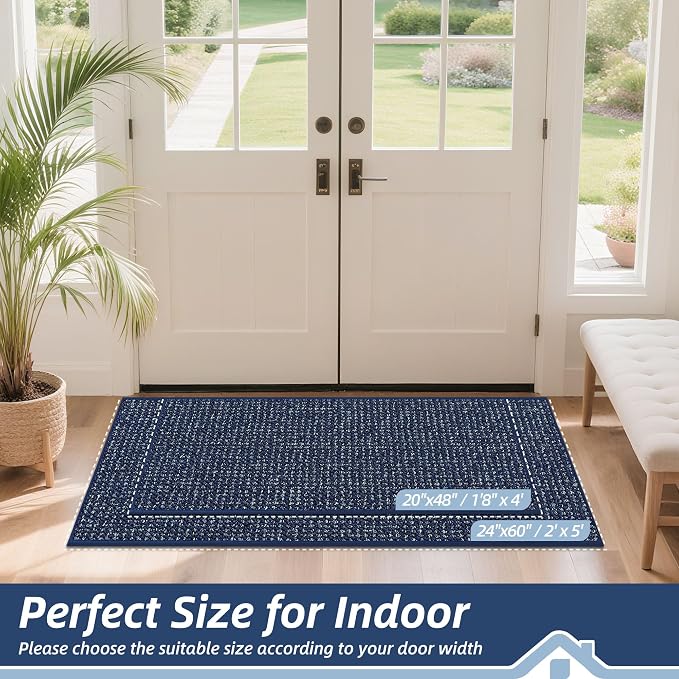 BEQHAUSE Dirt Trapper Door Mat 20" x 48", Non-Slip Washable Doormats Entrance Mat, Dirt Resistant and Absorbent Welcome Mat, Low Profile Floor Mats for Front Back Door and Entryway, Blue - Image 2