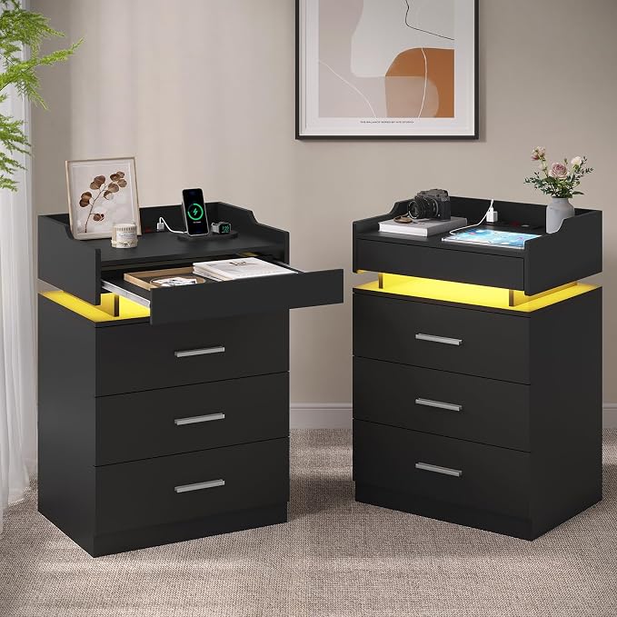HAUOMS Black Nightstand Set of 2,LED Night Stand with Charging Station & Pull-Out Tray,Bedside Table with Drawers,Modern End Table Side Table Storage Cabniet by HAUOMS