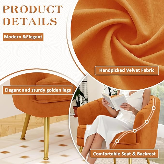 Andeworld Velvet Accent Chair Set of 2, Upholstered Modern Single Sofa Side Chair,Comfy Barrel Club Living Room Armchair with Golden Metal Legs for Bedroom Living Reading Room Office, Orange