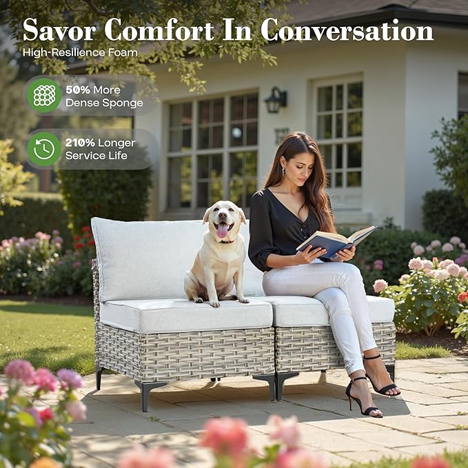 7 Piece Outdoor Patio Furniture with Glowing Coffee Table, Rattan Wicker Conversation Set with Sofa, Sectional Single Chairs for Outside Porch Balcony Backyard Pool,Light Grey