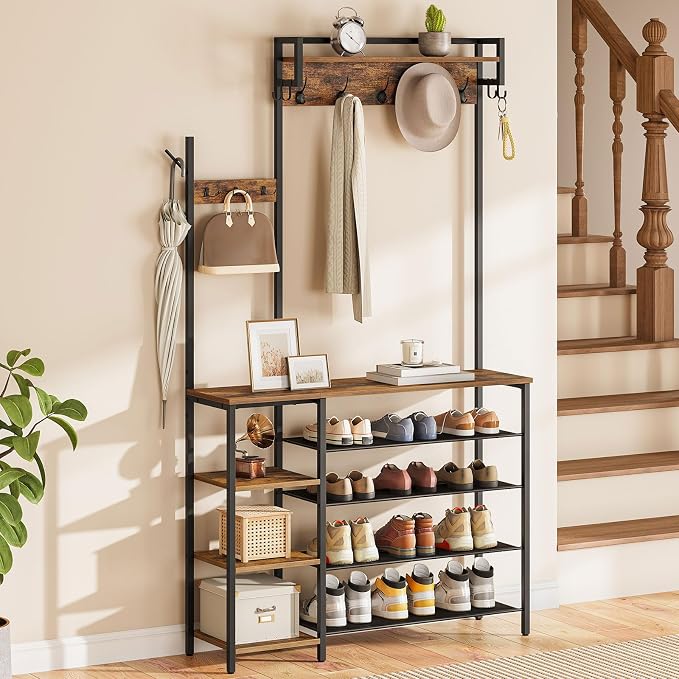 HOOBRO Hall Tree with Bench, Entryway Bench with Coat Rack, Shoe and Coat Rack for Entryway, Coat Rack with Shoe Storage and Reversible Storage Shelves, Rustic Brown BF105MT01 - Image 2