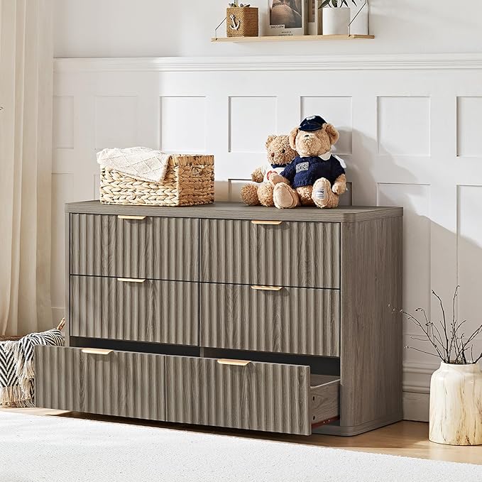 LEYAOYAO 48" Wide Fluted Dresser and 2 Drawers 23" Nightstand Set of 2, Wooden Dresser & Night Stand with Charging Station, 3 Piece Bedroom Furniture Set, Wood Chest of Drawer for Living Room,Grey