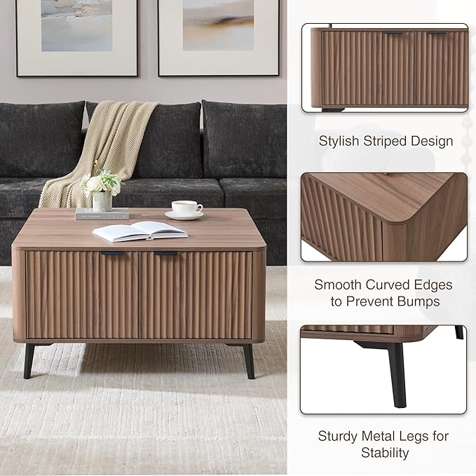 Lift Top Coffee Table with Large Hidden Compartment, 35.4" Wide Square Coffee Table with Storage, Mid Century Modern Fluted Center Table for Home Living Room, Brown