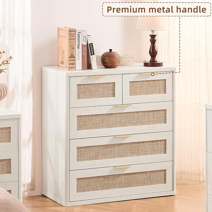 LEYAOYAO White Dresser for Bedroom, 33.5" Tall Chest of Drawers, Modern 5 Drawers Boho Rattan Dressers with Storage, Dresser Wooden Closet Organizer for Living Room, Hallway - Image 5