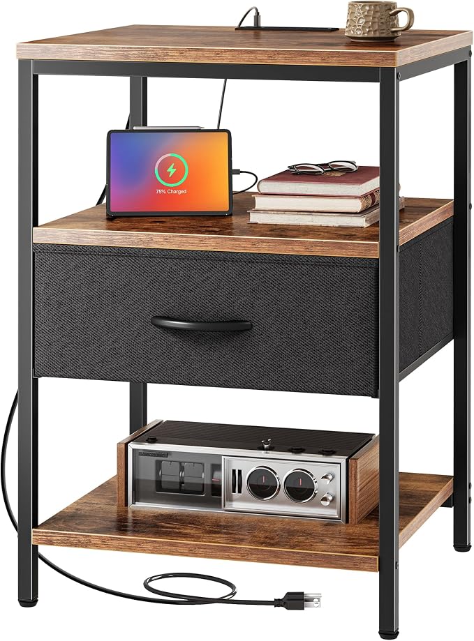 SUPERJARE Night Stand with Charger Station, 27.7 Inch Tall Nightstand with Adjustable Fabric Drawer, Bed Side Table, Fabric Drawer Dresser for Bedroom, Living Room, Rustic Brown and Black by SUPERJARE