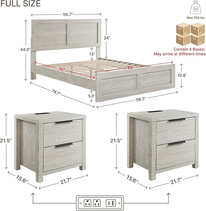 KISLOT 3 Pieces Bedroom Set, Full Size Wood Platform Bed Frame and 2 Nightstands, Storage Nightstand with Type-C Charging Port, Farmhouse Bedroom Furniture Set