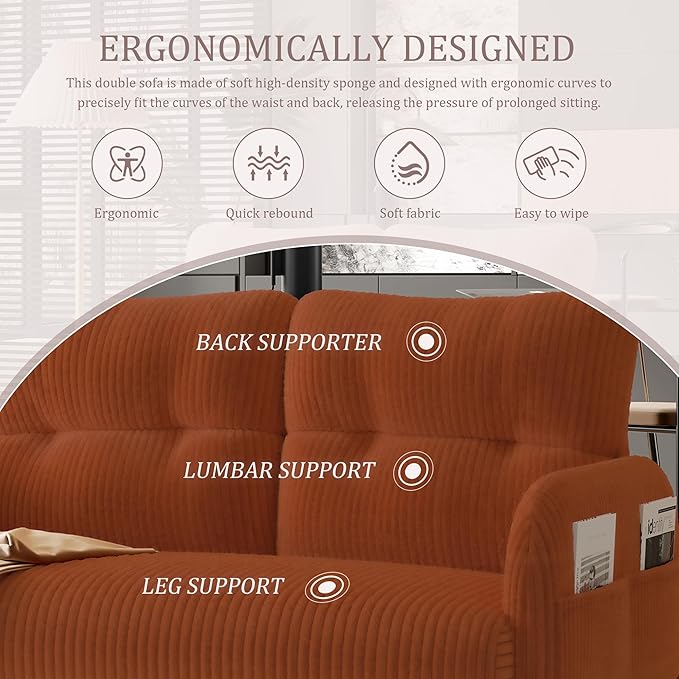 KEIKI 47" Corduroy Loveseat Sofa with Double Side Pockets & High Resilience Cushion, Modern Style Ergonomic Design Upholstery Oversized 2-Seater Couch, Easy Assembly, for Living Room, Orange