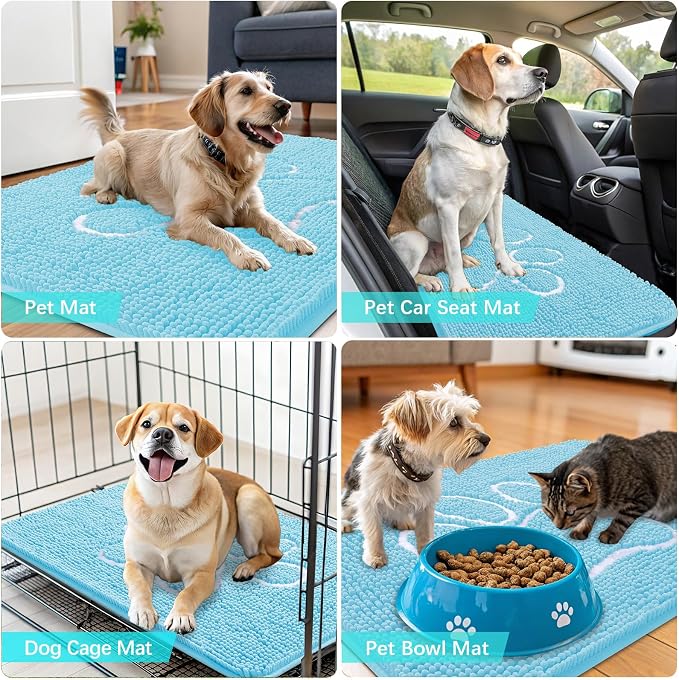 OLANLY Dog Door Mat for Muddy Paws 40x32, Paw Print Design, Absorbs Moisture and Dirt, Absorbent Non-Slip Washable Doormat, Quick Dry Chenille Mud Mat for Dogs, Entry Indoor Entryway Carpet, Blue - Image 7