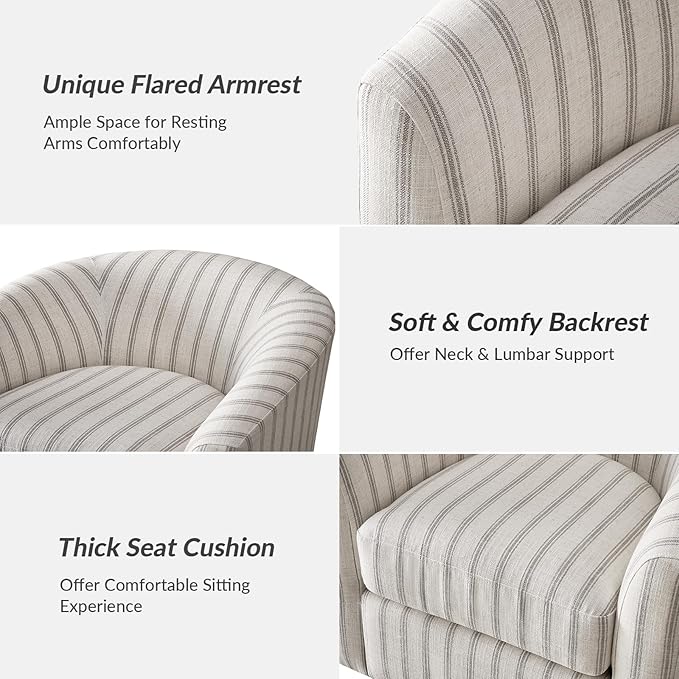 HULALA HOME Modern Swivel Accent Chair with Solid Wood Base, Round Swivel Barrel Chair with Striped Pattern, No Assembly Required, Stripe