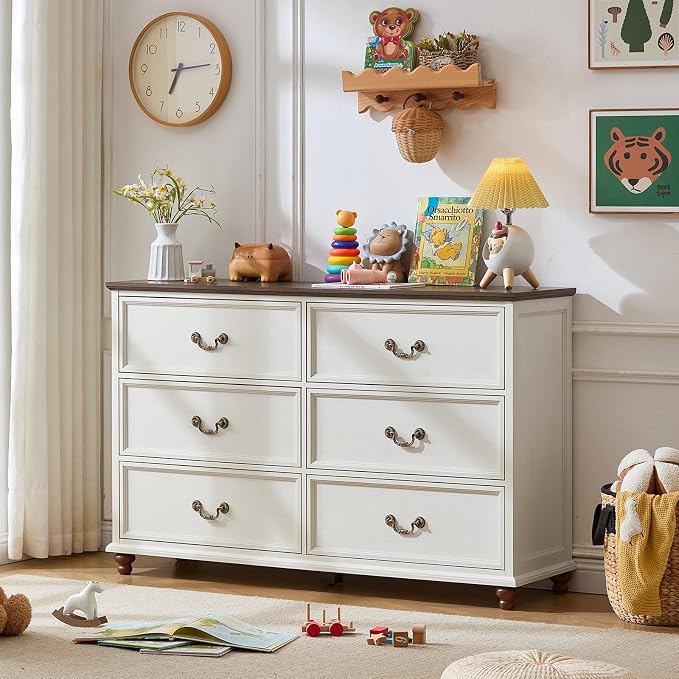 Joaxswe Farmhouse 6 Drawers Dresser for Bedroom, Vintage 54" Wide Chest of Drawers w/ 4 Wooden Legs, Rustic Large Closet Storage Dressers Organizer for Hallway, Wood TV Stand for Living Room, White - Image 7