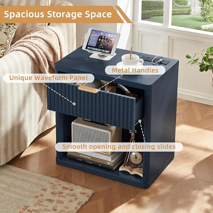 LEYAOYAO Fluted Nightstand with Charging Station, 23" Wide 1 Drawers End Table,Blue Night Stand with Open Storage Cabinet, Farmhouse Bed Side Tables, Wood Dresser for Bedroom, Living Room, Closet - Image 7