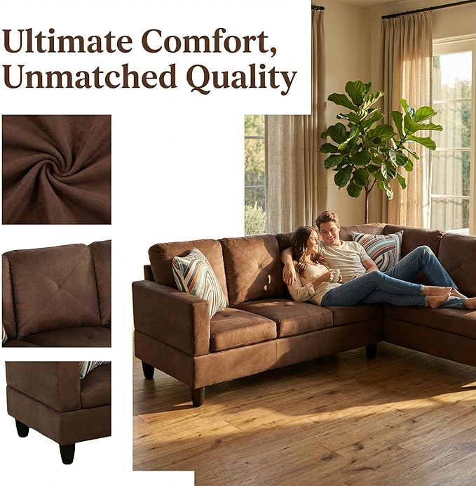 NicBex Modular L-Shaped Sectional Couches, 3-Piece Convertible Couch with Storage Ottoman, 4-Seat Comfy Sofa with Chaise for Living Room & Apartment, Brown