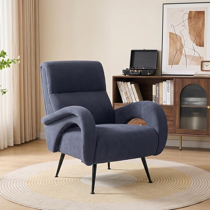 Corduroy Living Room Accent Chairs, Comfy High Back Reading Chair with Curved Arms and Solid Legs, Upholstered Armchair for Bedroom, Reading Nook, Apartment, Navy Blue