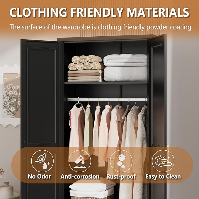 Polup Metal Armoire Wardrobe Closet with Hanging Rod, 71" Tall Wardrobe Cabinet for Clothes, Black Clothing Storage Cabinet with Doors and Shelves, Large Wardrobes for Bedroom, Office, School, Gym