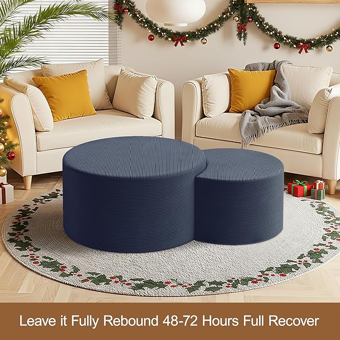 Nesting Coffee Table Set of 2, Upholstered Round Corduroy Circle Foam Round Side Table for Living Room, Entryway Set, 32"+17" Footrest No Assembly (Blue, 32"+17")