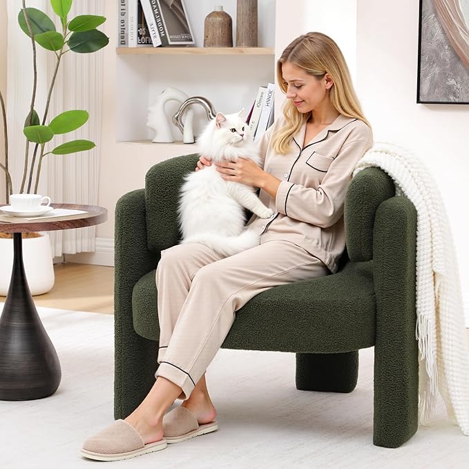 Accent Chair for Living Room, Modern Sherpa Barrel Chair, Upholstered Living Room Chairs with 3 Legs, Comfy Armchair Reading Side Chair for Bedroom, Office, Apartment, Green