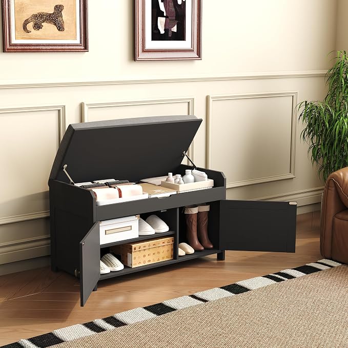 HOMEFORT 30" Shoe Bench with Lift Top Storage, Entryway Bench with Cushioned Seat, Wooden End of Bed Bench, Shoe Cabinet Bench with Hidden Storage Space, for Bedroom, Hallway,Black - Image 8