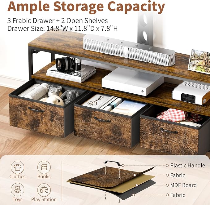 JUSTOGO TV Stand with Mount and Power Outlet, TV Stand with Drawers Storage for Living Room Bedroom, LED Entertainment Center for 45 55 60 65 inch, Height Adjustable Media Console, Rustic Brown - Image 6