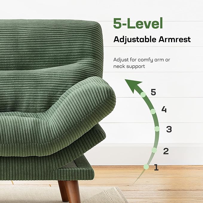 Marsail 74.8" Futon Sofa Bed, Corduroy Convertible Futon Couch with Adjustable Backrest & Armrests, Small Sleeper Sofa Loveseat for Small Apartments, Study Room, Office, Green