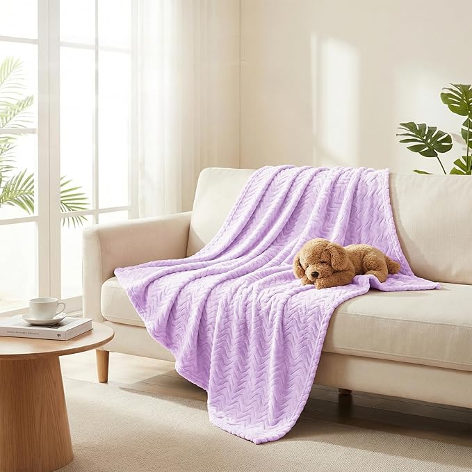 Exclusivo Mezcla Queen Blanket for Bed, Cozy Lightweight Fleece Blankets for All Season, Decorative Giftable Fuzzy Plush Wave Textured Suitable for Women, Men, Lilac Purple, 90x90 Inches