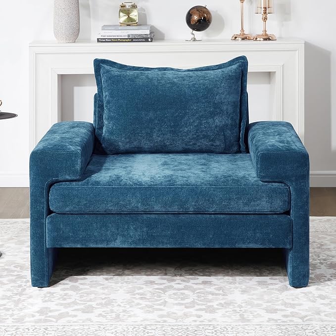 Christopher Knight Home Aylen Modern Chenille Upholstered Accent Chair with Wide Armrests, Wooden Living Room Club Chair, Bedroom Comfy Reading Chair with Back Pillow, Blue