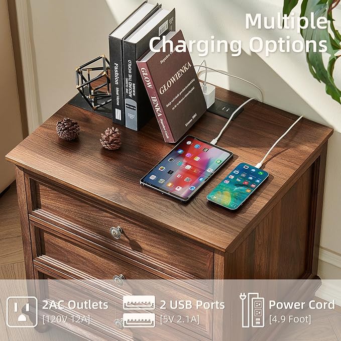 Joaxswe Farmhouse Nightstand with Charging Station, 24" Wide End Table with 3 Drawers,Wood Dresser Cabinet for Bedroom, Bed Side Table Chest of Drawers,Night Stand for Living Room, Closet,Brown - Image 5