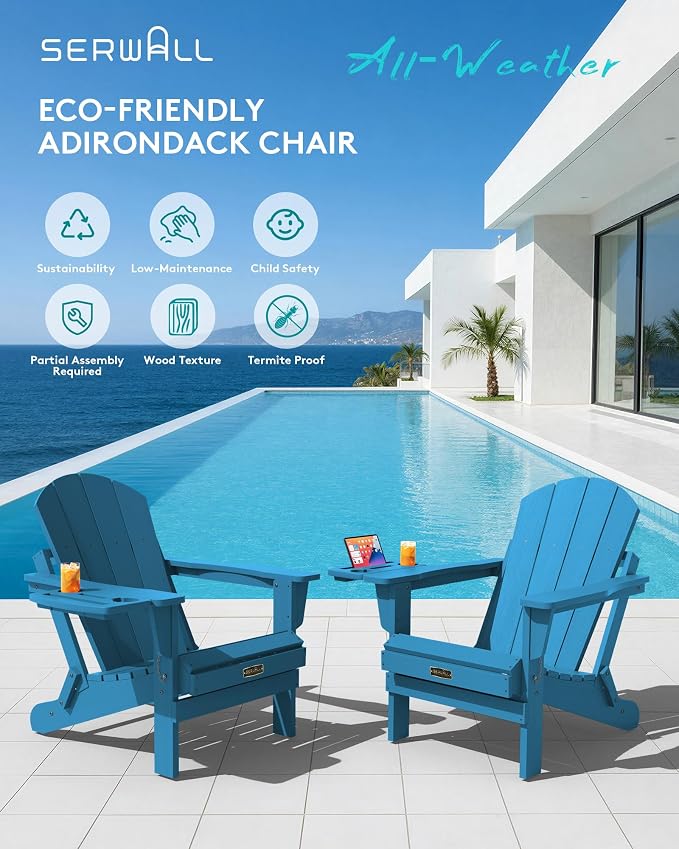 SERWALL Folding Adirondack Chair with 4 in 1 Multi-Functional Cup Holder, Wood Texture Adirondack Chairs for Patio Garden Outdoors, All-Weather Plastic Fire Pit Chairs - Sapphire - Image 8