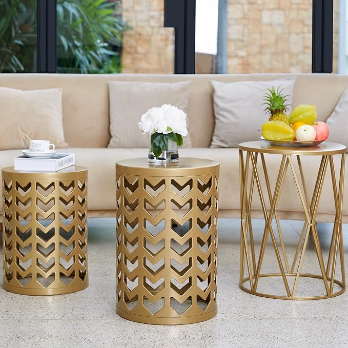 Y&M Set of 3 Gold End Tables, Nesting Metal Round Coffee Table, Heavy Duty Metal Plant Stand Garden Stool, Outdoor Multifunctional Use - Image 7