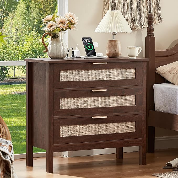 LEYAOYAO 31.5" Wide Rattan Nightstands Set of 2 with Charger Station, Large Boho 3 Drawer Night Stand, Retro Walnut Bedside Table with Storage, Bed Side End Tables for Bedroom, Living Room, Hallway - Image 5