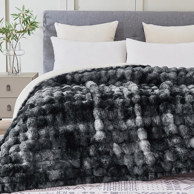50x60 Inches Ultra-Soft Fuzzy Faux Fur Plush Throw Blanket - Thick, Warm Sherpa for Couch, Sofa, Bedroom, Camping - Decorative Blanket for Cozy Warmth, Bubble Black Tie Dye