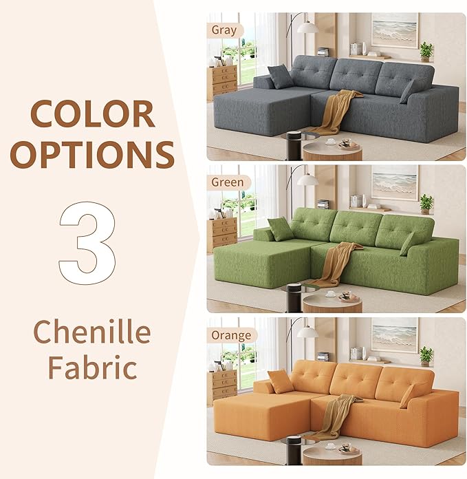 Ball & Cast 106" Cloud Modular Sectional Sofa, Boneless Chenille Couch with Deep Seat, Comfy L-Shaped Sectional, Modern Upholstered Sofa for Living Room, No Assembly (Gray, Left Facing Chaise)