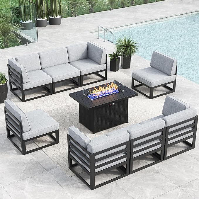 LayinSun Large Aluminum Patio Furniture Set with Fire Pit Table, 9 Pieces Modern Outdoor Conversation Set Sectional Metal Sofa Set with Olefin Cushion
