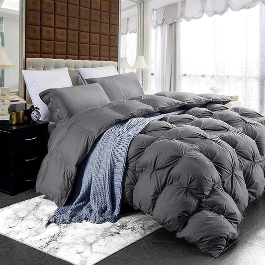 Luxurious Heavyweight Goose Down Feather Fiber Comforter Duvet Insert, Exquisite Gray Pinch Pleat Design, Oversize Queen 98 x 98, Premium Baffle Box 100% Egyptian Cotton, 70 oz Fill Weight