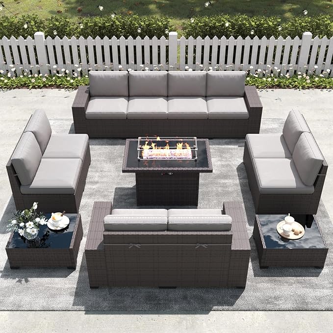 LayinSun 13 Pieces Outdoor Patio Furniture Set with 44" Fire Pit Table Brown Rattan Sectional Sofa Conversation Sets
