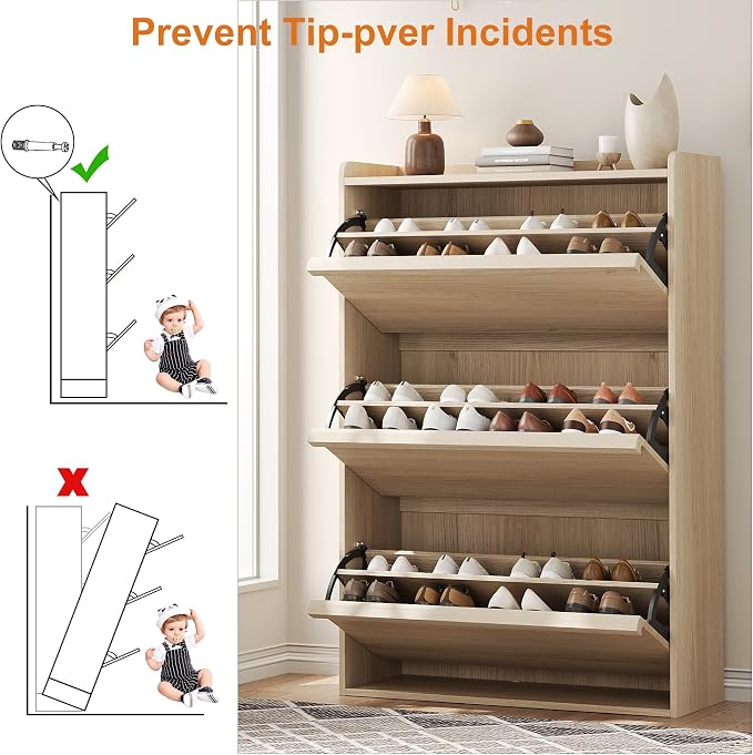 GarveeHome Shoe Cabinet with 3 Flip Drawers, Wooden Shoe Organizer Cabinet with Adjustable Shelf, Shoe Storage for Entryway, Hidden Shoe Cabinet for Hallway, Living Room, Natural Oak - Image 5