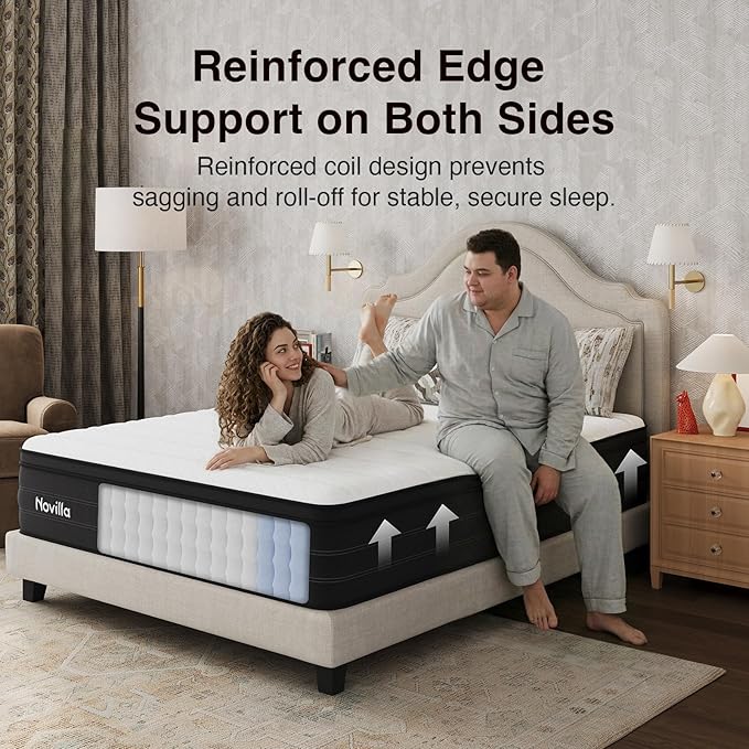 Novilla Queen Size Mattress, Cooling Hybrid Queen Mattress 14 Inch with Upgraded Individual Coils & Gel Memory Foam, Enhanced Support, Reinforced Edge, Motion Isolation, Pressure Relief, CertiPUR-US