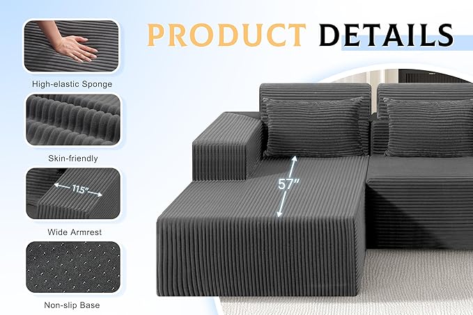 Homguava Modular Sectional Couches for Living Room,105" Cloud Couch with L-Shape Chaise,Comfy Sofa Living Room Sofas with Deep Seat,No Assembly L Couch,Corduroy Fabric(Grey,L)