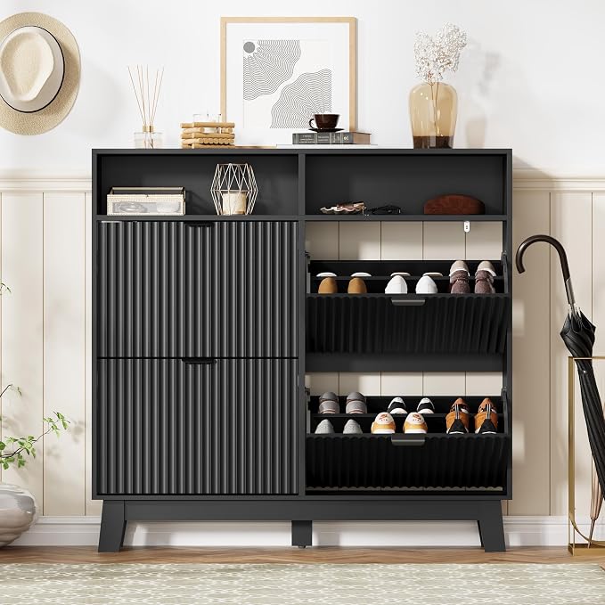 Shoe Cabinet Storage for Entryway with 4 Flip Drawers, Fluted Narrow Shoe Organizer with Wooden Legs & Top Cubby, Freestanding Slim Shoe Storage Hidden Shoe Rack for Front Door Entrance, Black - Image 7