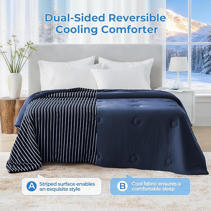 Pinstripe Cooling Comforter Twin Size, Q-Max 0.45 Reversible Striped Cooling Blanket for Hot Sleepers, Breathable Lightweight Silk Smooth Summer Bedding, Quilted Ice Blanket, Navy Blue