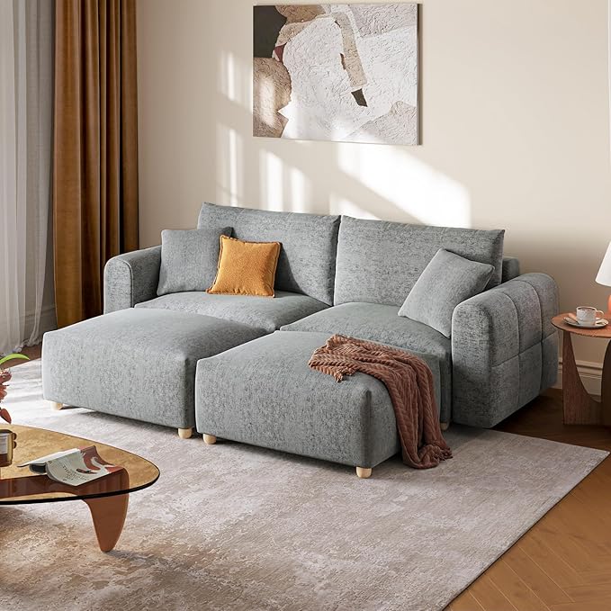 LINSY HOME Cloud Couch Sectional, Modular Sofa Sectionals for Living Room Bedroom, 91" U Shape Love Seat Couch with Ottoman, 2 Seater Deep Seat Cozy Couch Luxury Chenille Sofas, Grey