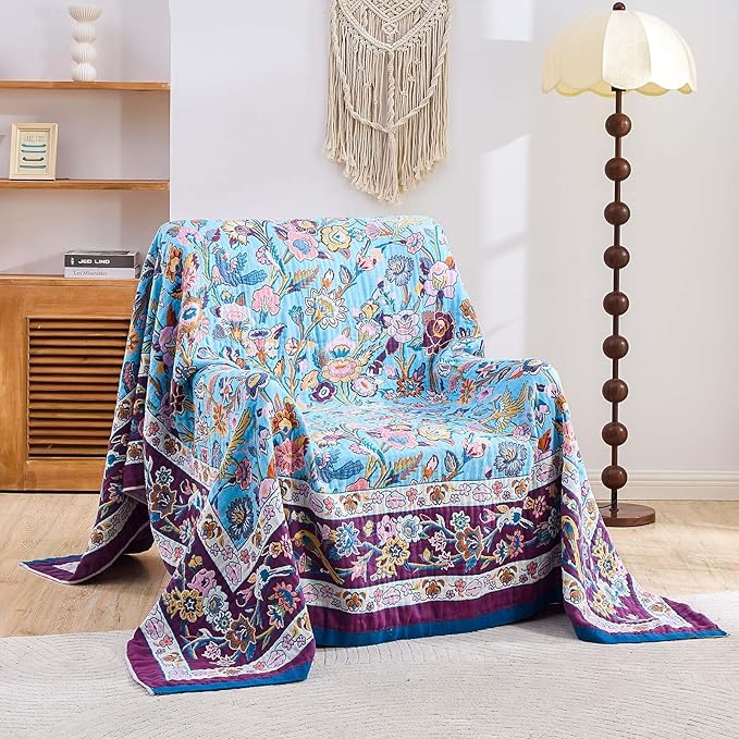 XIBLC Fall Blanket for Bed, 100% Cotton Soft Rustic Boho Throw Blanket Quilt, 50"x60" Farmhouse Decor Bed Flower Blankets, Light Weight Reversible Bohemian Throw Quilt